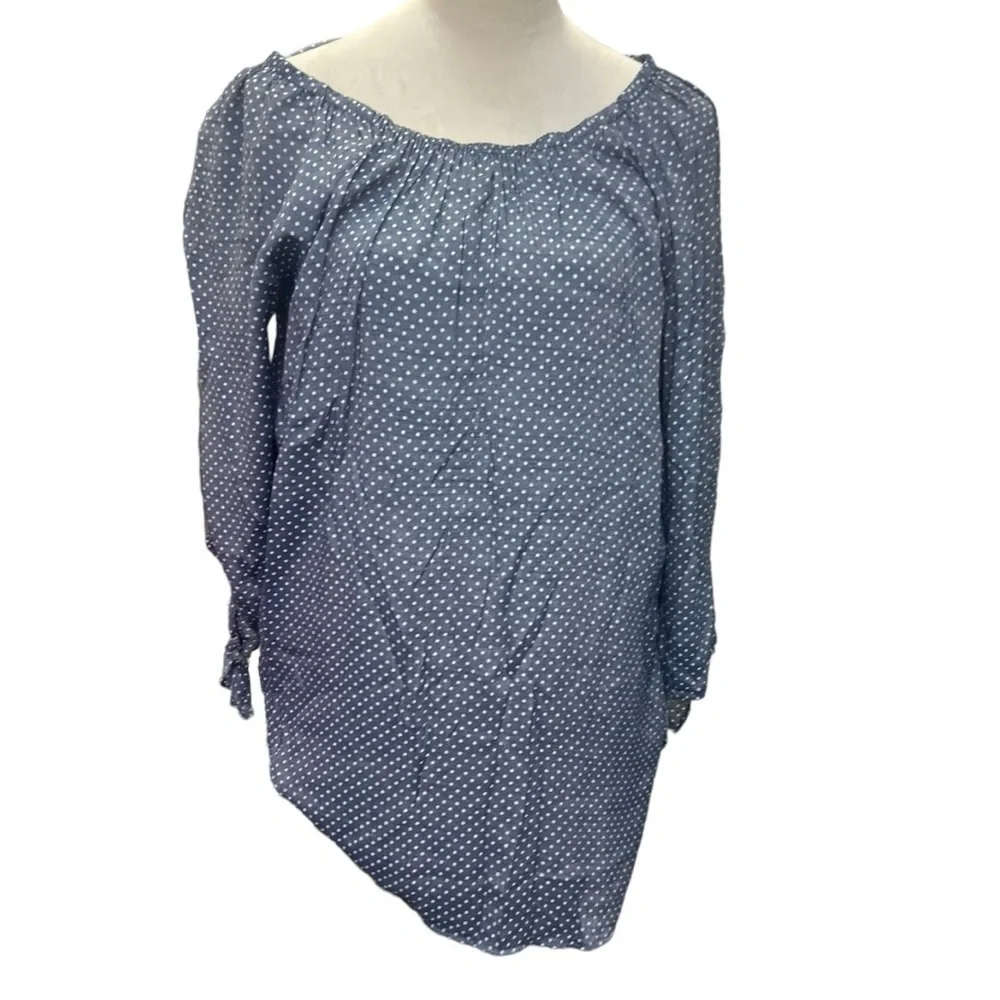 Plus Size Polka Dot Tunic Top 1X Blue White Peasant Blouse Boho - Picture 1 of 6
